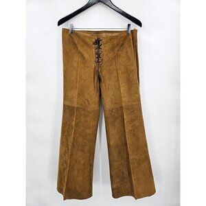 Vintage Joseph Magnin Suede Lace Front Pants Womens 13/L Brown Leather Wide Leg